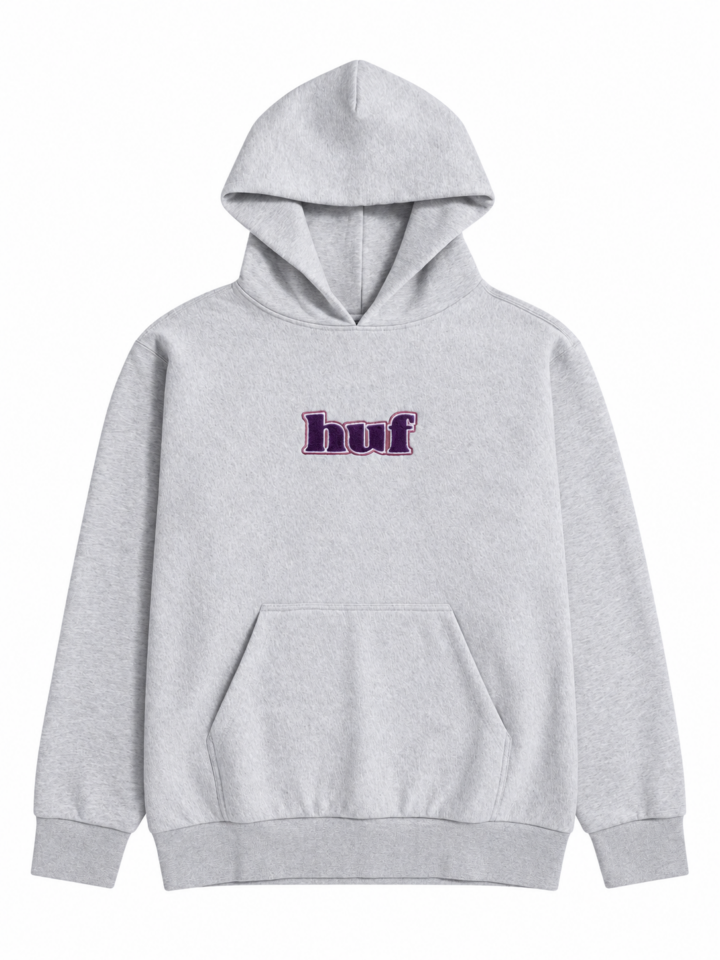 Light Heather Grey Pullover Hoodie with Purple Brand Logo