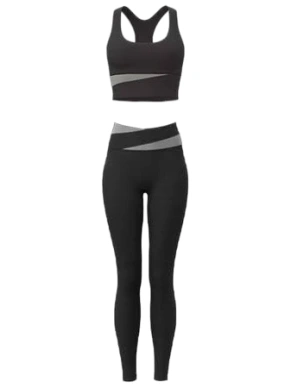 Black High-Waist Leggings and Sports Bra Set with Grey Stripe