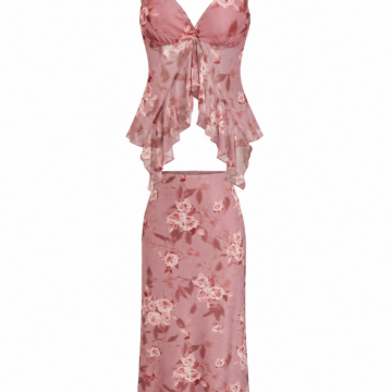 Dusty Rose Floral Print Camisole and Midi Skirt Set
