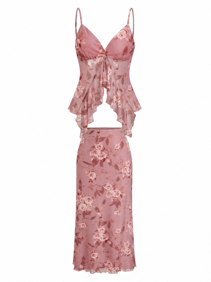 Dusty Rose Floral Print Camisole and Midi Skirt Set