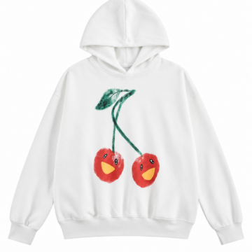 White Oversized Pullover Hoodie with Smiling Cherry Graphic