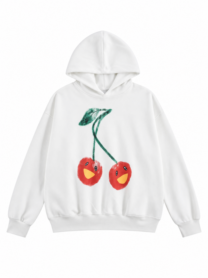 White Oversized Pullover Hoodie with Smiling Cherry Graphic