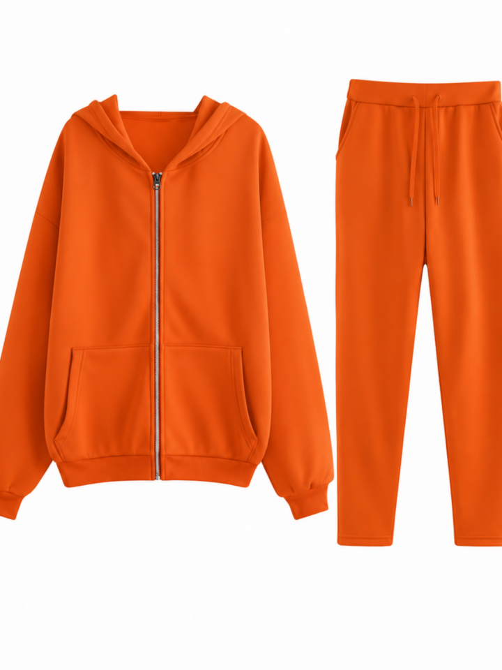 Orange Two-Piece Tracksuit with Full-Zip Hoodie and Pants