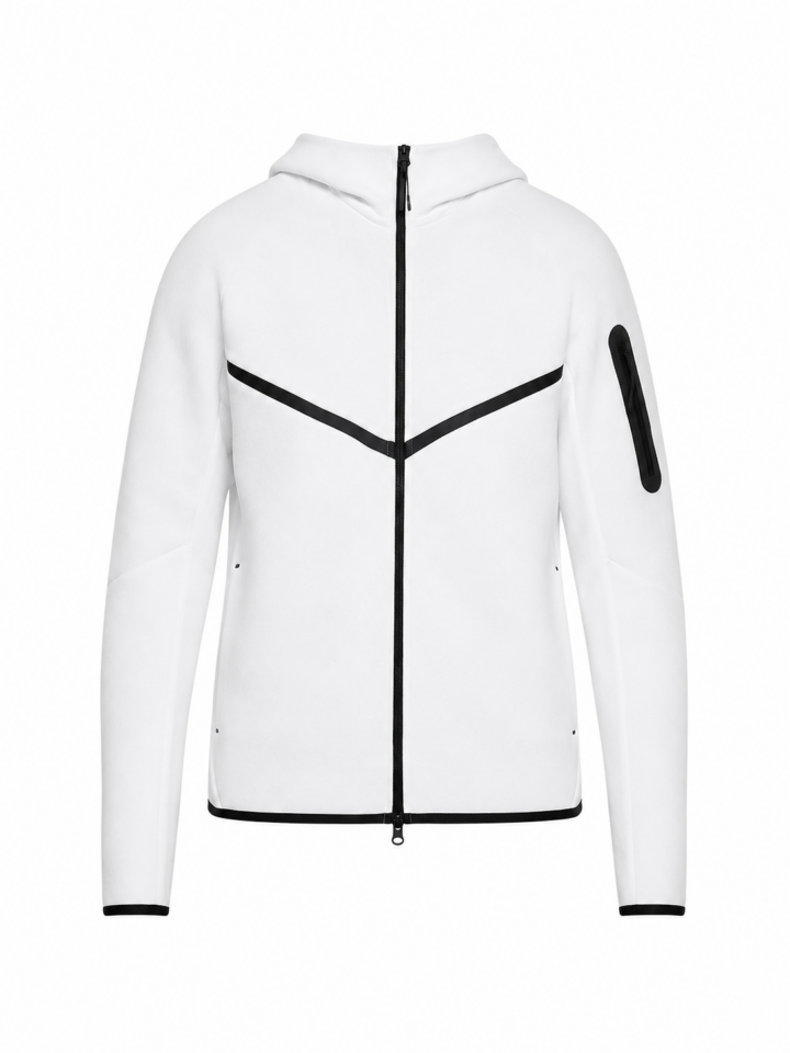 White Full-Zip Hooded Sweatshirt with Black Trim