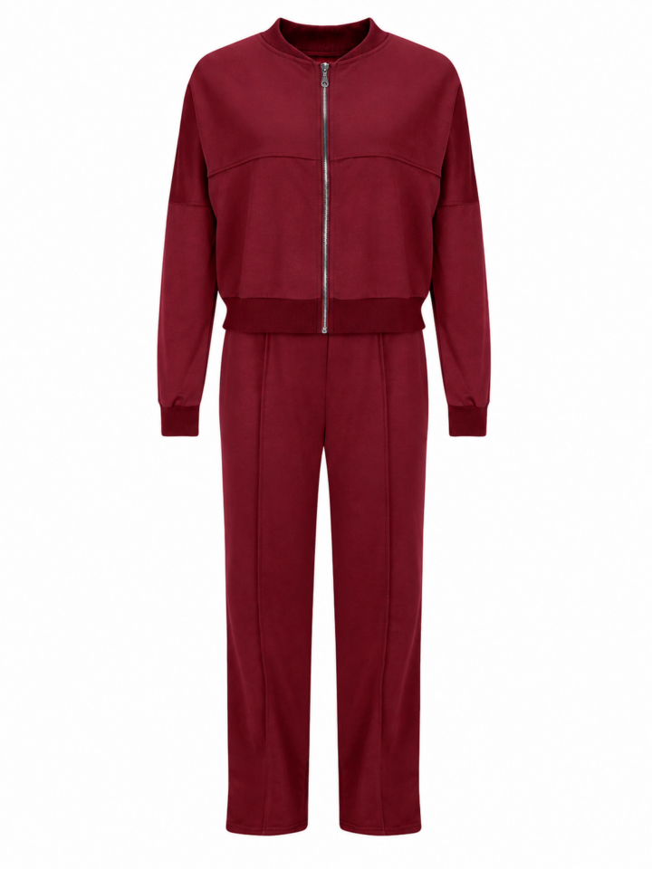 Burgundy Two-Piece Bomber Jacket and Pants Set