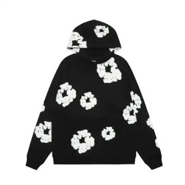 Black Oversized Pullover Hoodie with White Floral Pattern
