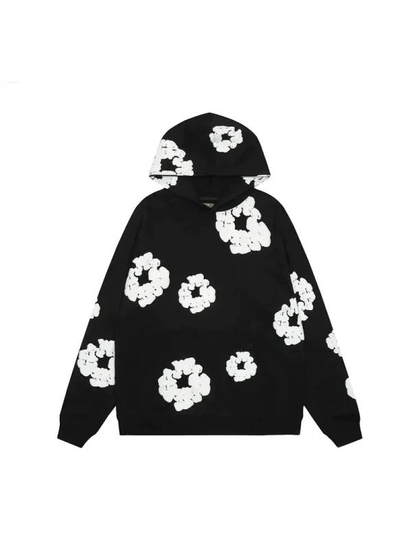Black Oversized Pullover Hoodie with White Floral Pattern