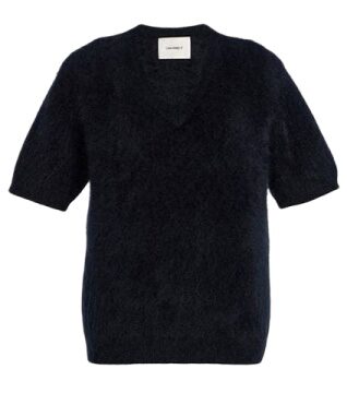 Dark Navy Fuzzy V-Neck Short-Sleeve Knit Sweater