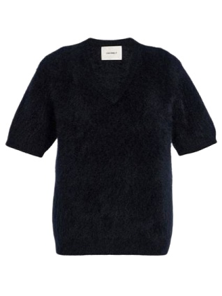 Dark Navy Fuzzy V-Neck Short-Sleeve Knit Sweater
