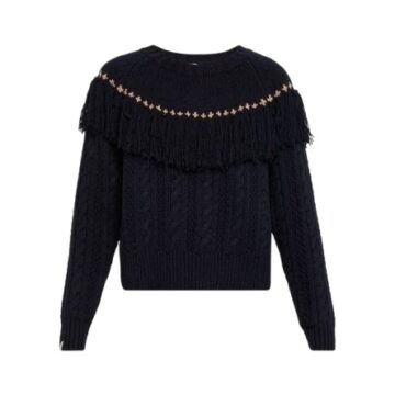 Black Studded Cable-Knit Sweater with Fringed Yoke