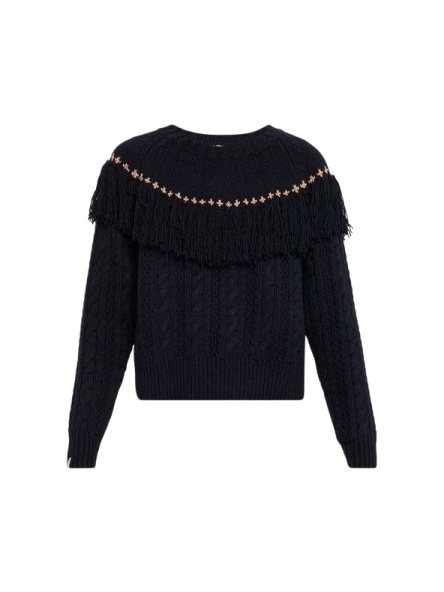 Black Studded Cable-Knit Sweater with Fringed Yoke