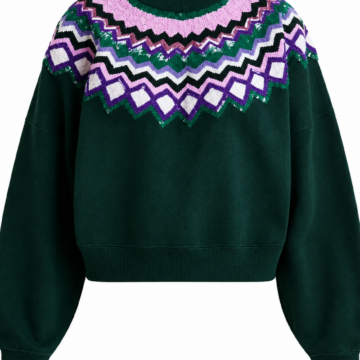 Dark Green Fair Isle Sweater with Sequined Zigzag Pattern