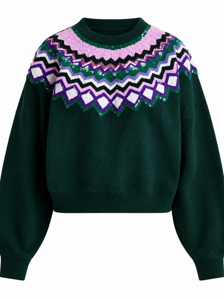 Dark Green Fair Isle Sweater with Sequined Zigzag Pattern