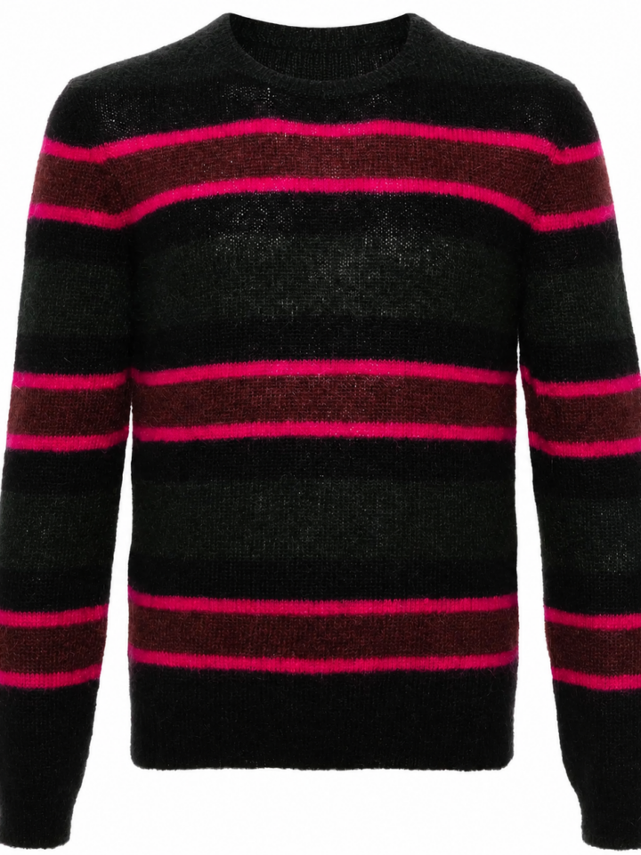Black Striped Crew Neck Sweater with Pink and Maroon Horizontal Stripes