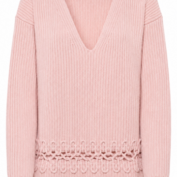 Light Pink V-Neck Ribbed Pullover with Openwork Hem