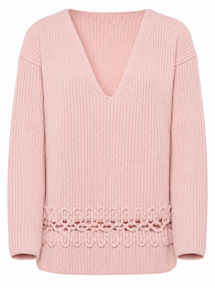 Light Pink V-Neck Ribbed Pullover with Openwork Hem